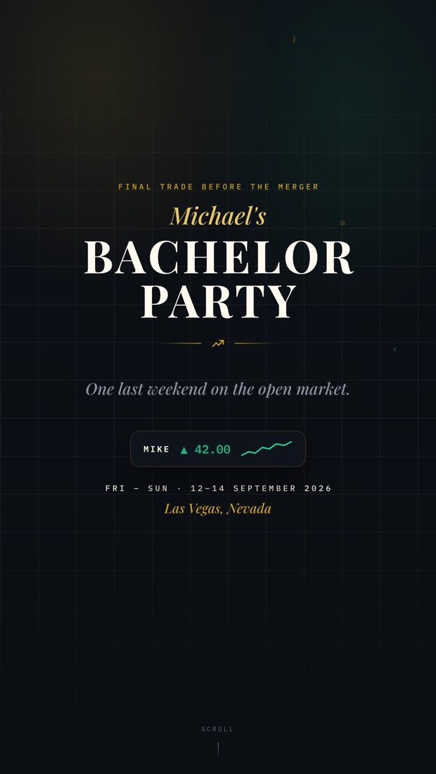 Bachelor-party invitation template — dark boardroom, gold and ticker green