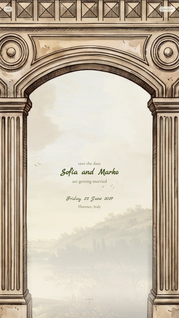 Loggia invitation template — a painted loggia of three arches over a Tuscan valley