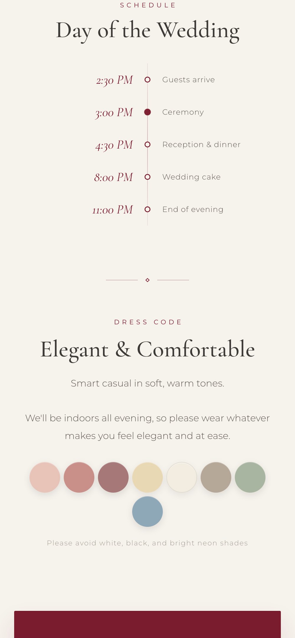The invitation open on a phone, showing the wedding-day schedule